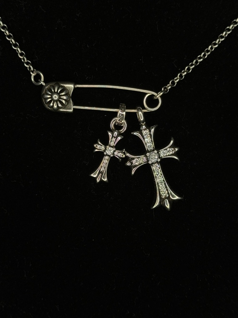 Chrome Hearts Safety Pin Double Diamond Studded Floral Cross Unisex Necklace - Picture 2 of 7